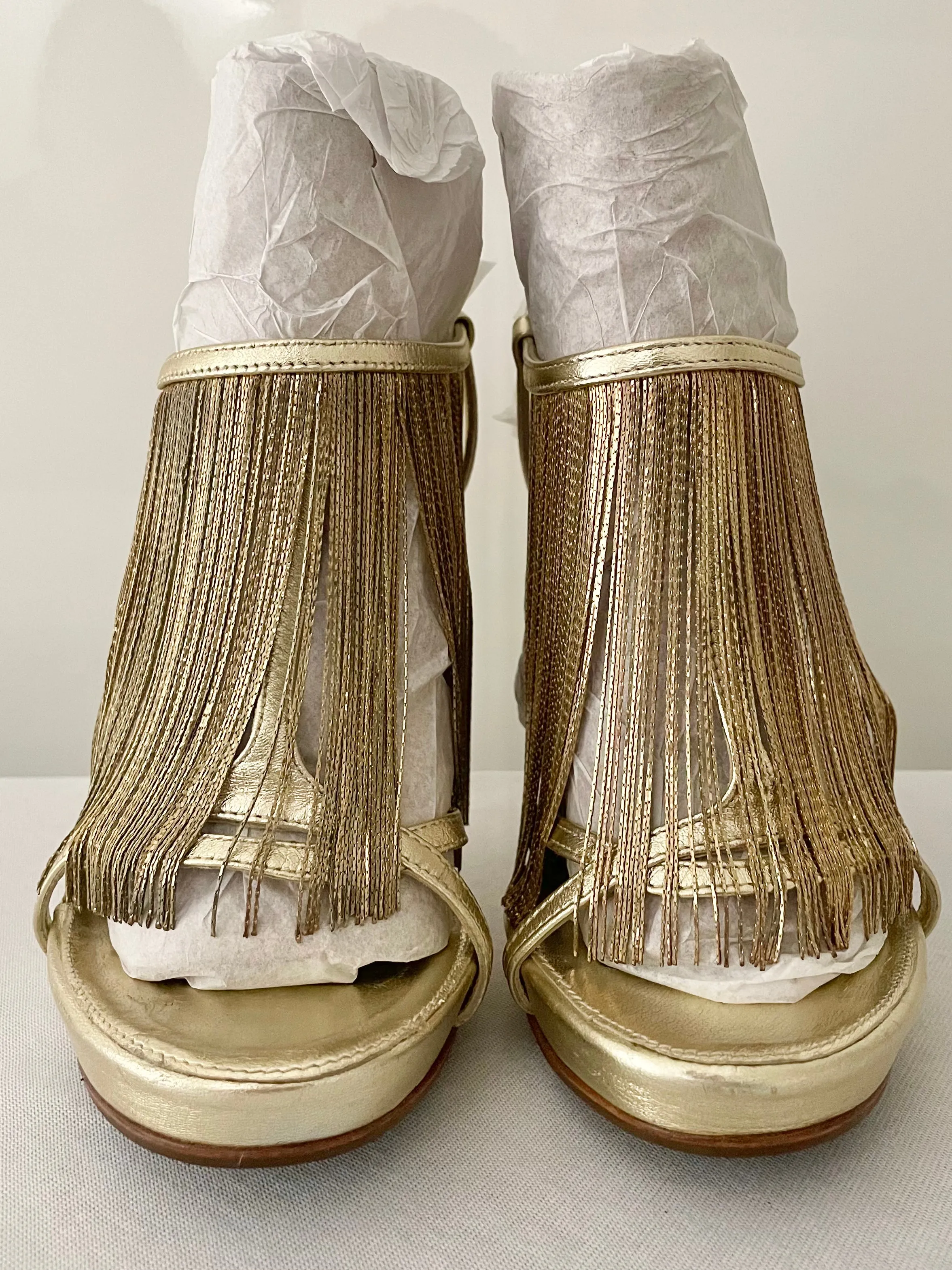 Alexander McQueen Gold Metal Fringe T-Strap Slingback Leather Sandals