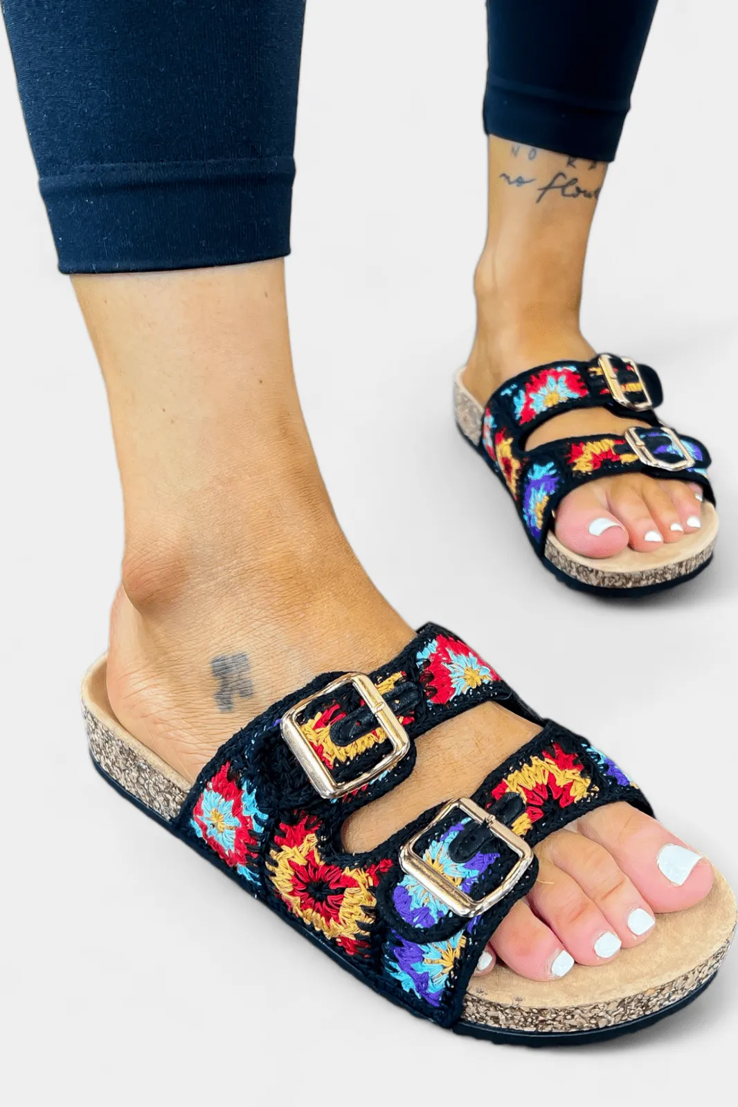 Black Knit Boho Slip On Sandals