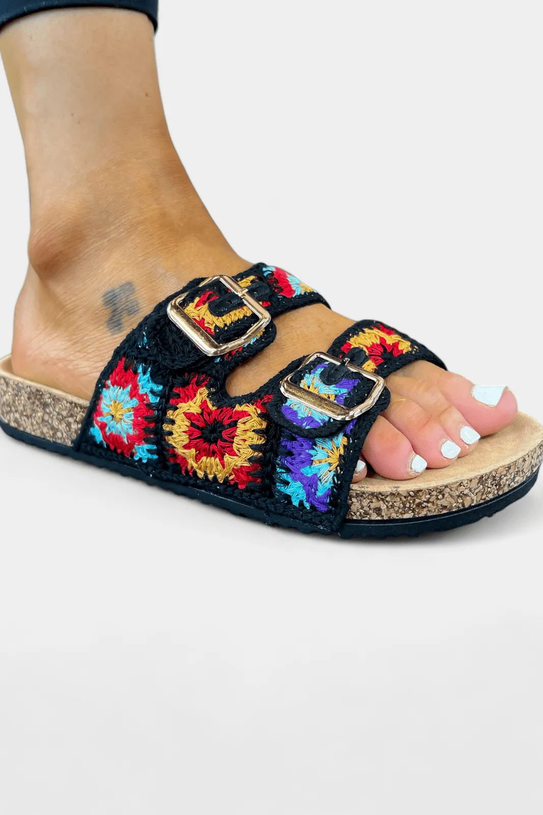 Black Knit Boho Slip On Sandals