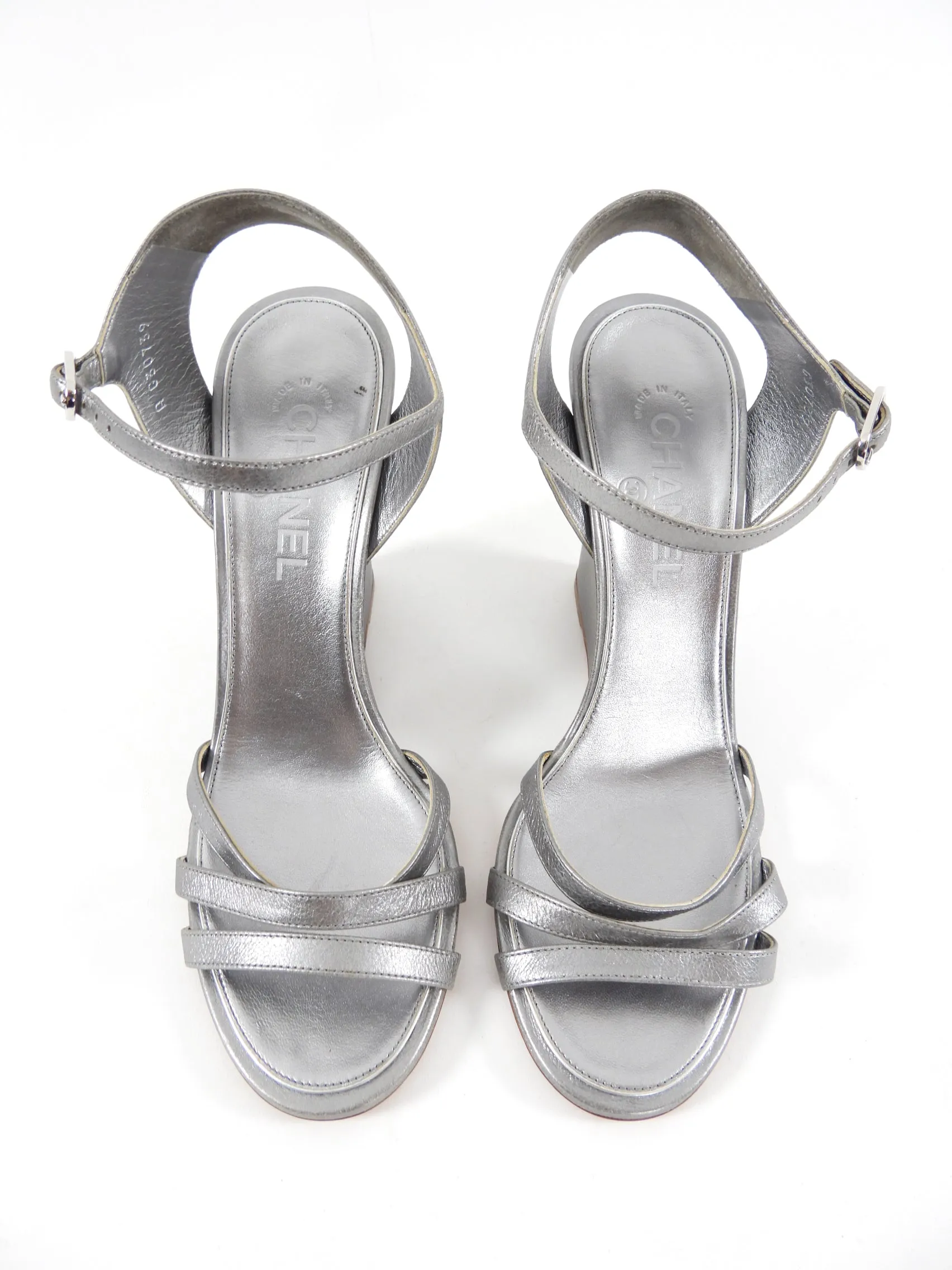 Chanel 2015 Silver Metallic Wedge Pearl Sandals - 40 / 39