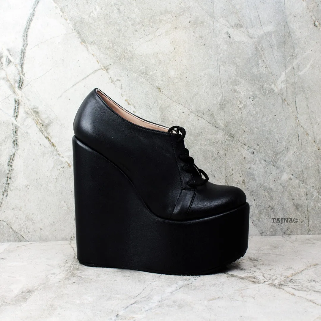 Genuine Leather Black Wedges Lace Up Platforms