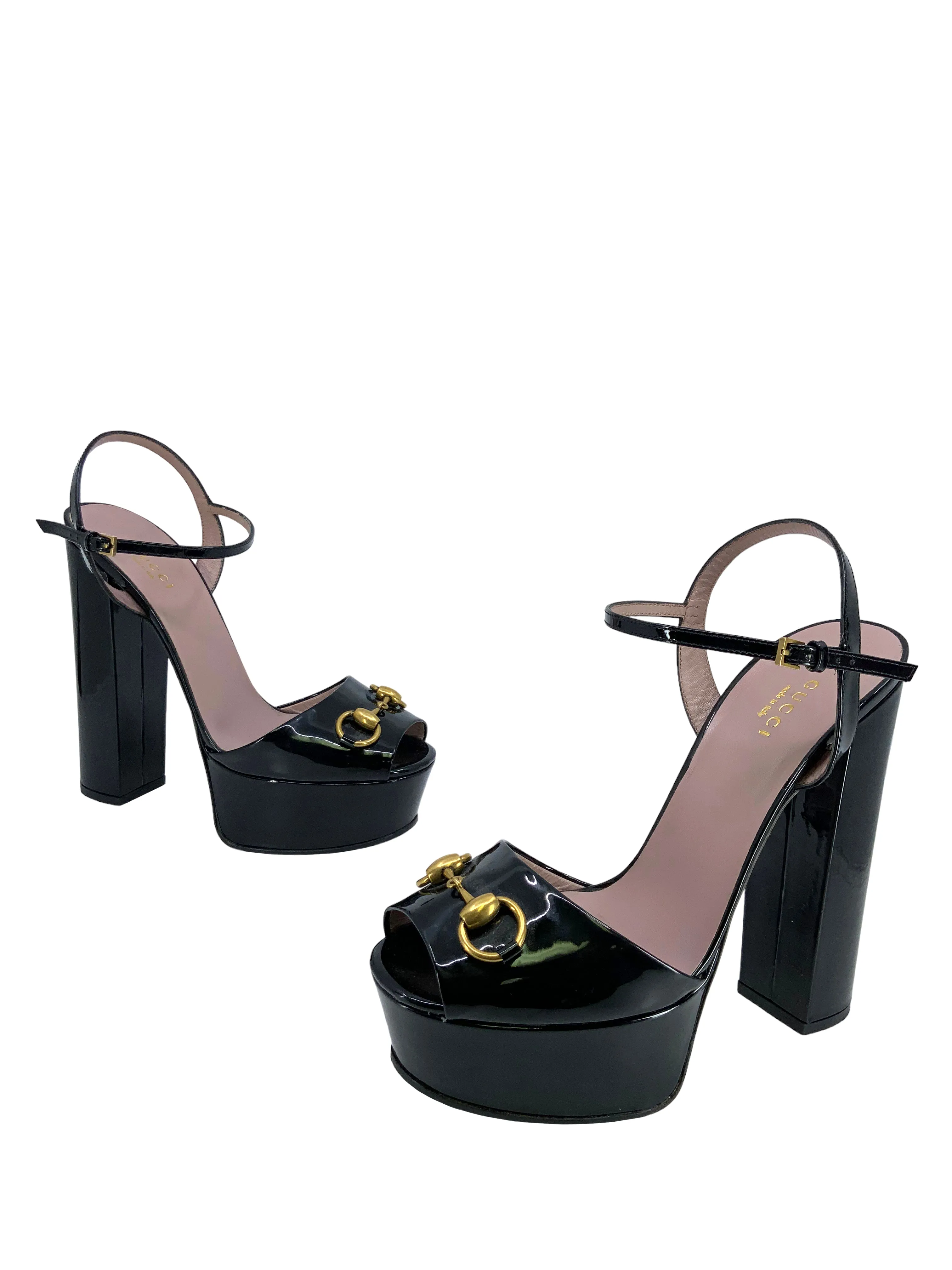 GUCCI Claudie Patent Leather Platform Horsebit Sandals Size 8