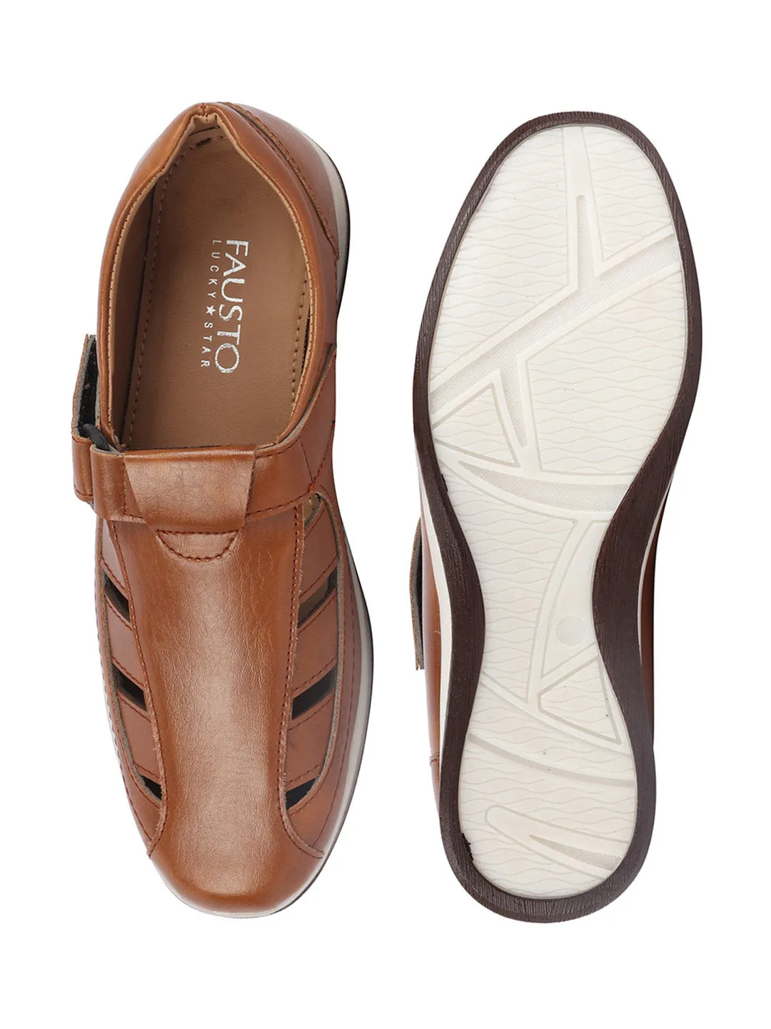 Men Tan Laser Cut Design Day Long Comfort Hook and Loop Casual Sandals