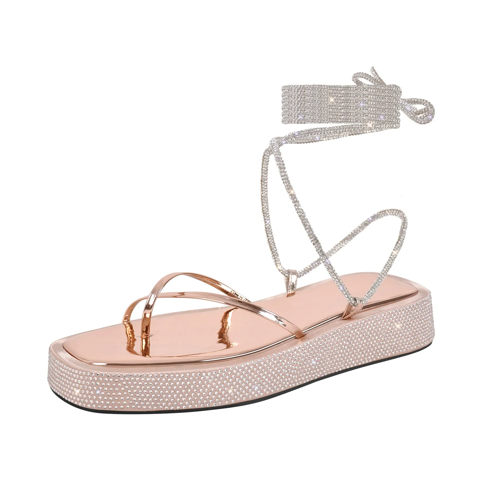 Onlymaker Flats Rhinestone Platform Lace-up Strap Sandals