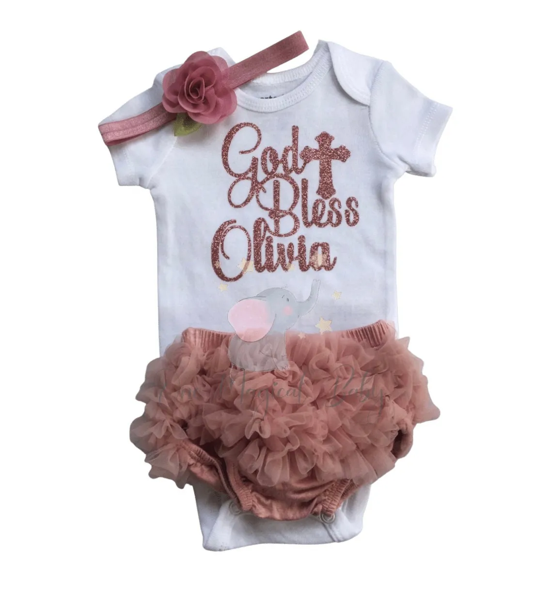 Personalized Mauve Baptism after party baby girls outfit, God bless personalized glitter bodysuit outfit baby girl baptism gift