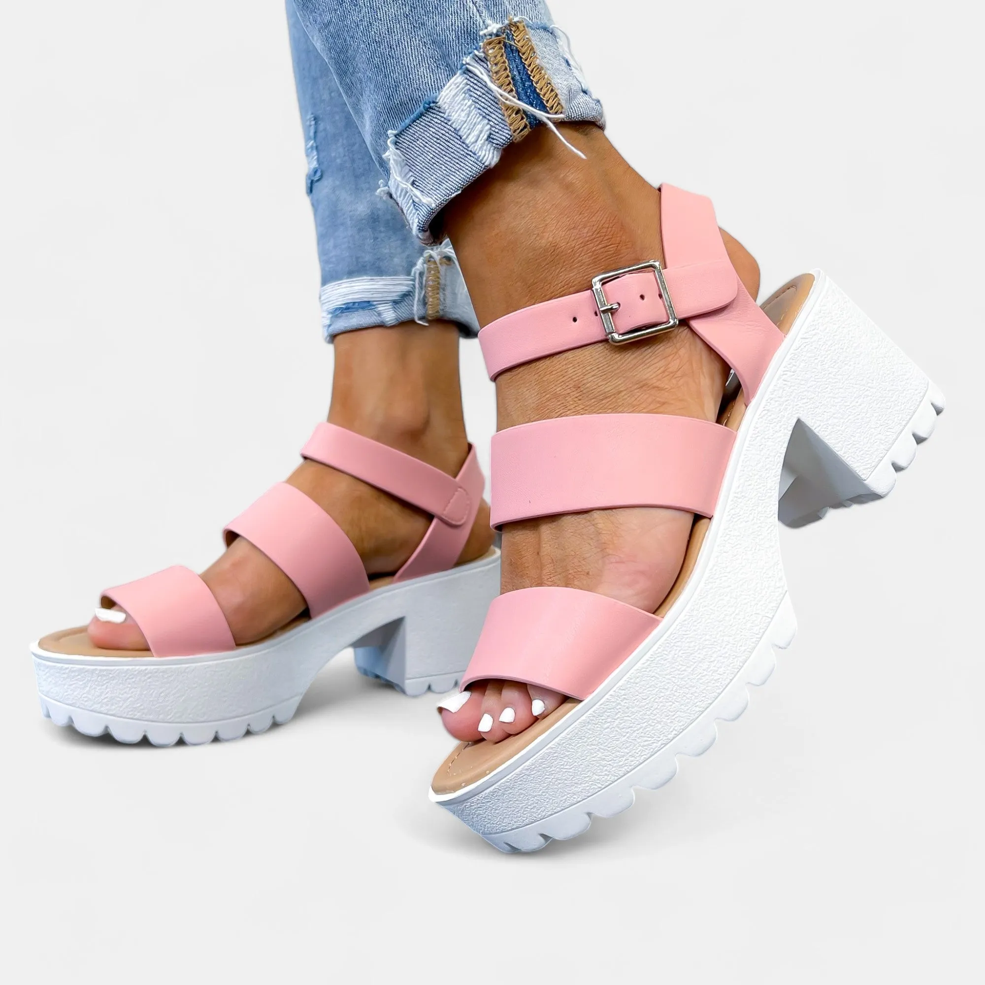 Pink Chunky Heel Platform Sandals