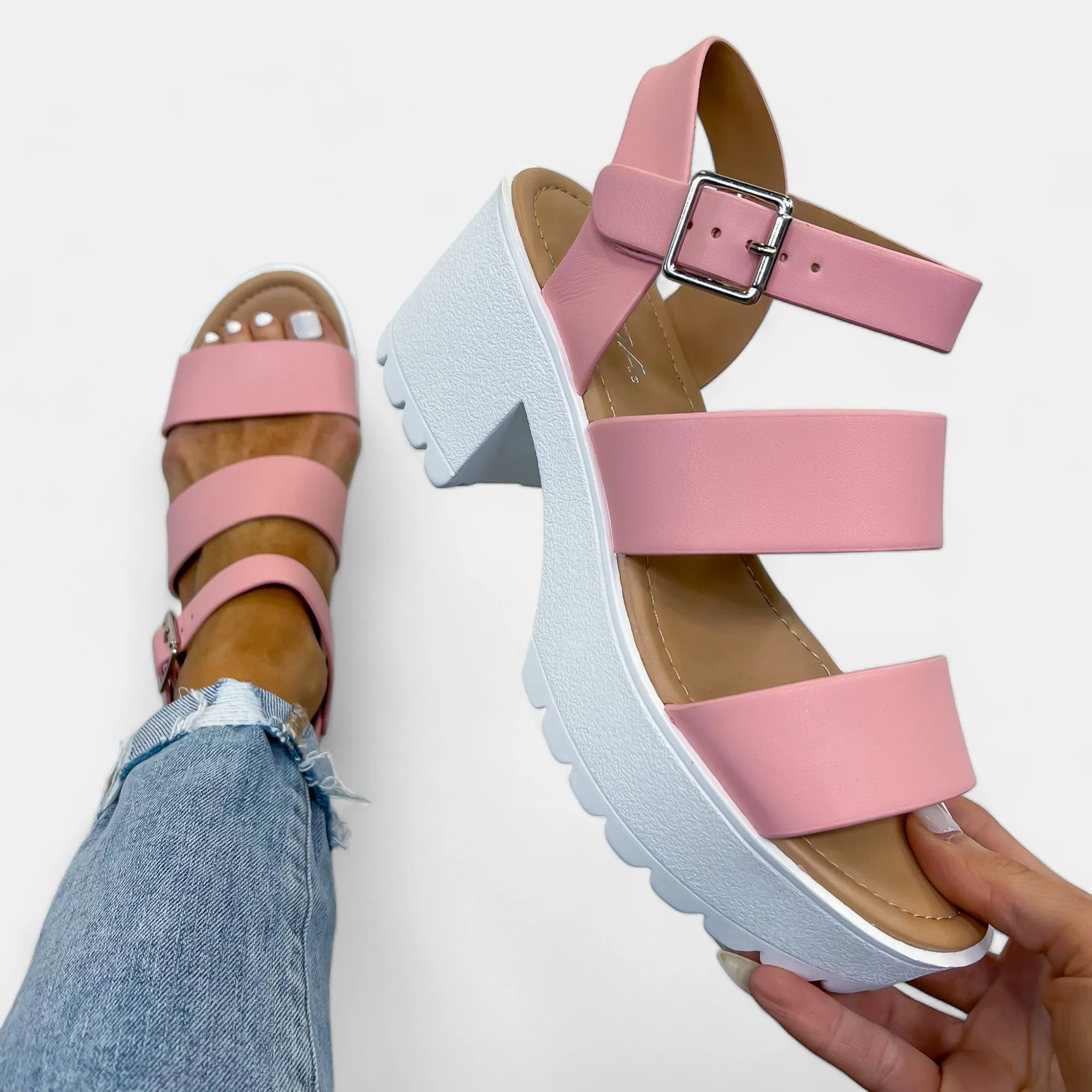 Pink Chunky Heel Platform Sandals