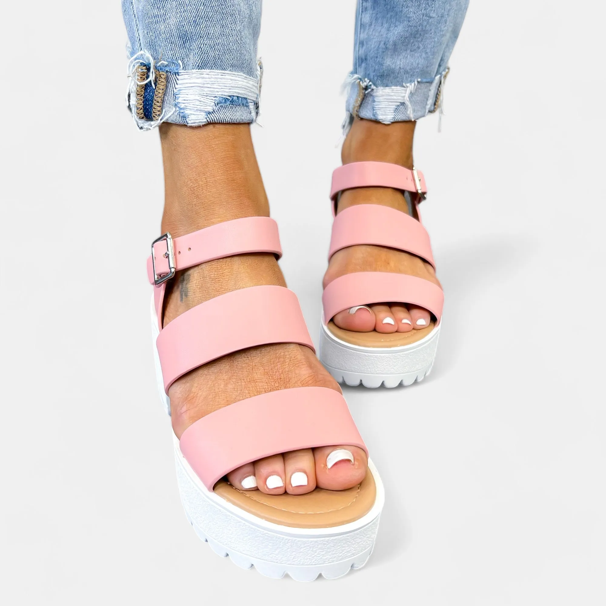 Pink Chunky Heel Platform Sandals