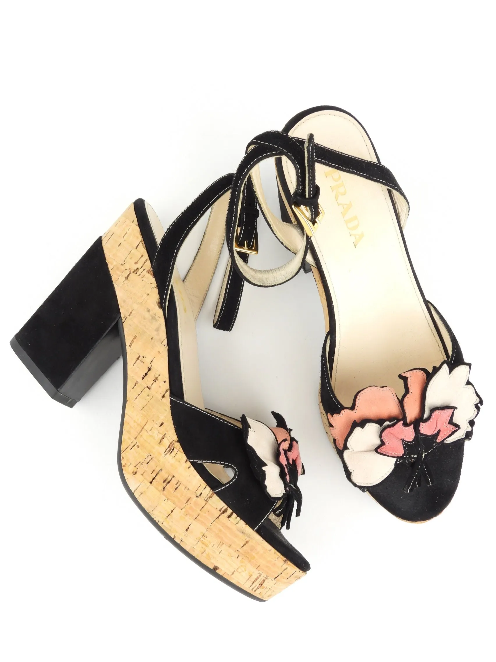 Prada Black Suede Floral Embellished Cork Platform Block Heel Sandals - 37.5