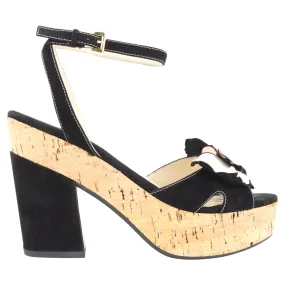 Prada Black Suede Floral Embellished Cork Platform Block Heel Sandals - 37.5