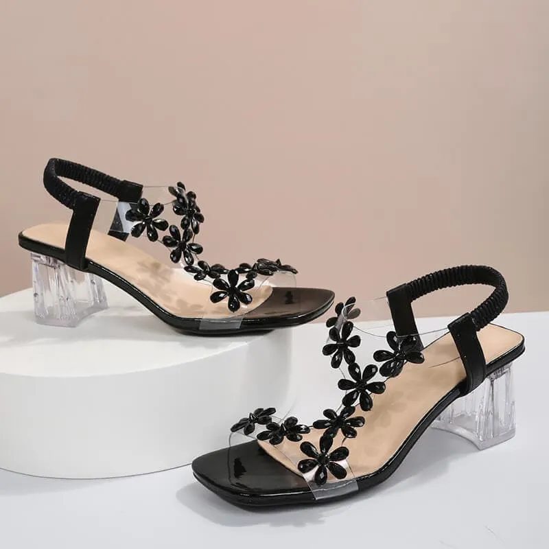 Rhinestone Open Toe Chunky Heel Sandals