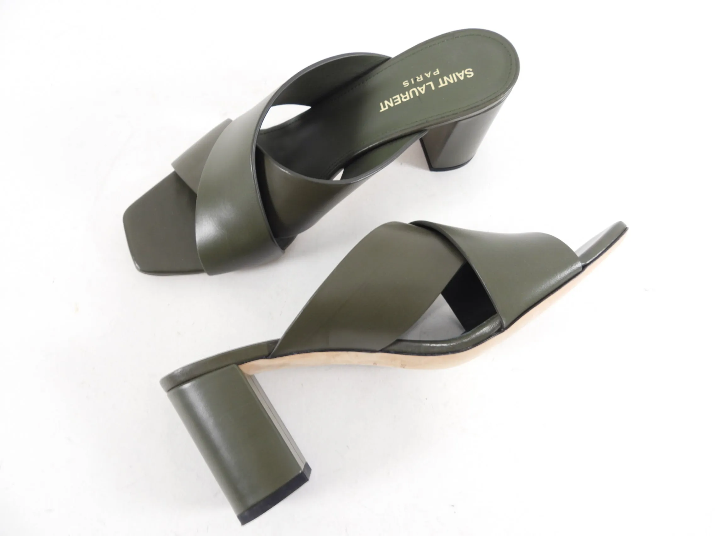 Saint Laurent Olive Green Criss Cross Sandals - 39 / 8.5