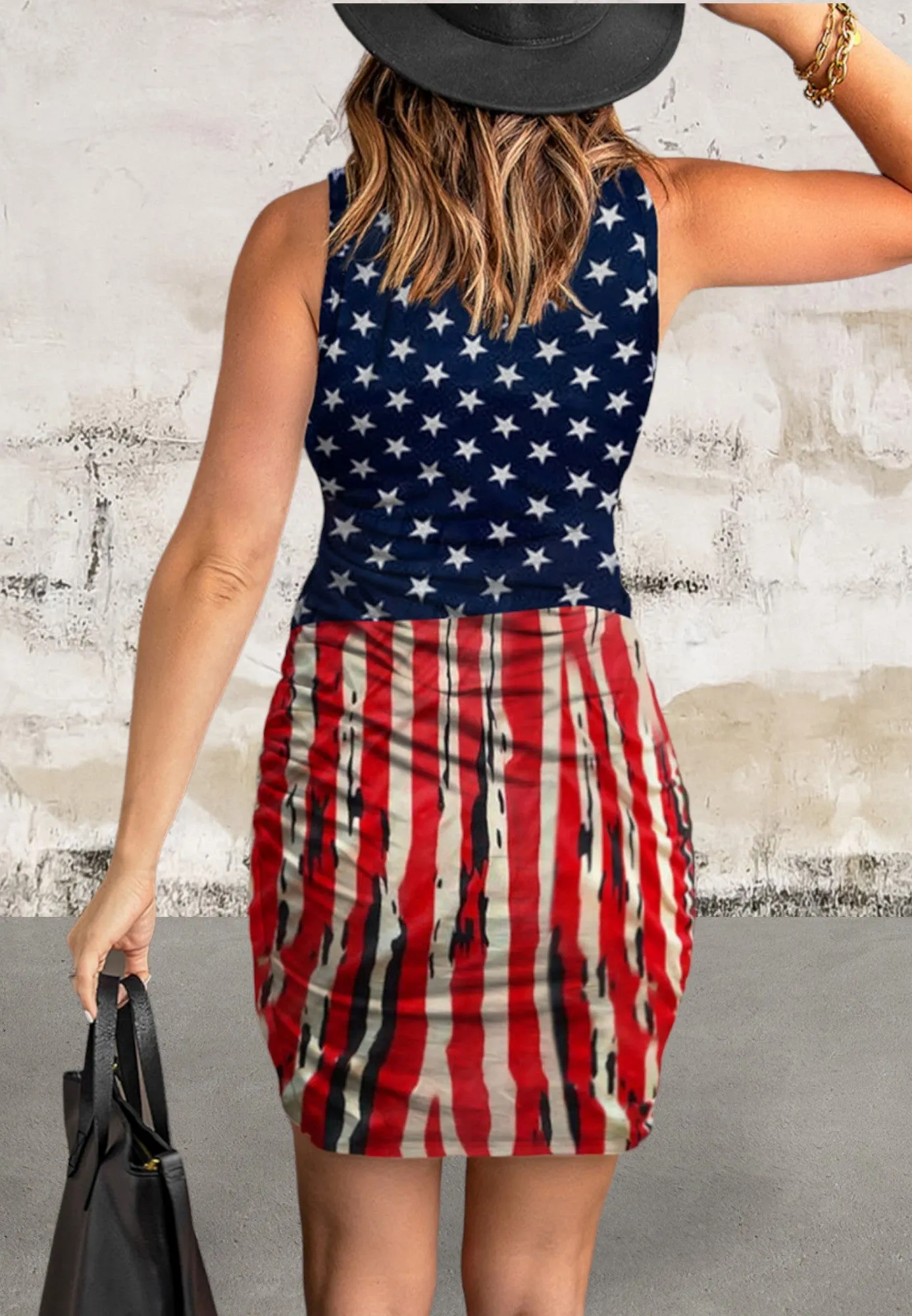 Sleeveless Flag Stripes Print Wrapped Dress