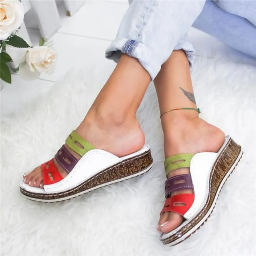 Stitching Open Toe Platform Wedge Slides