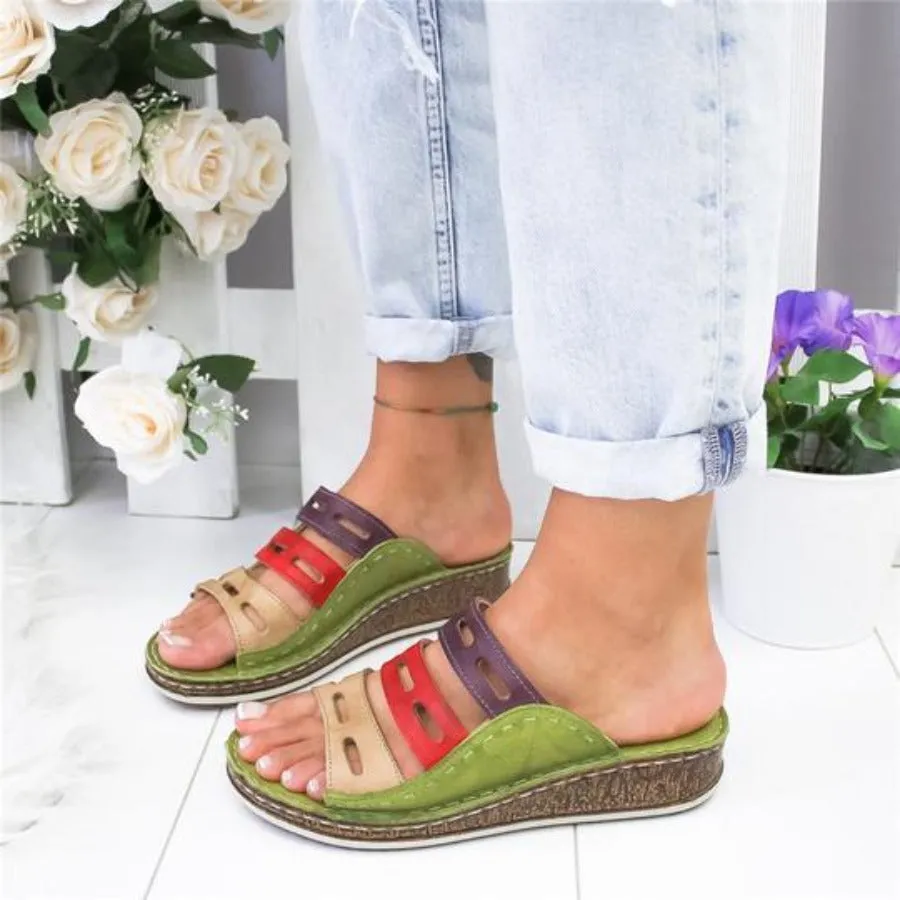 Stitching Open Toe Platform Wedge Slides