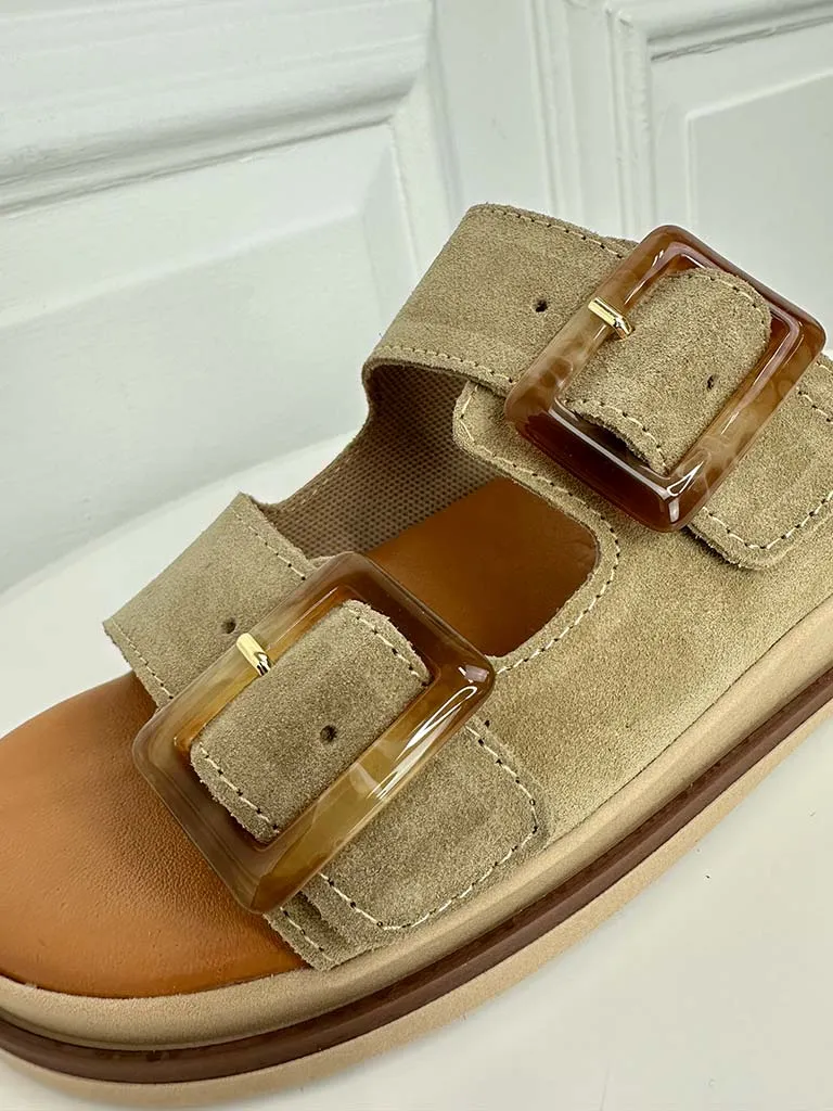 Tamaris Suede Double Buckle Sandals - Taupe