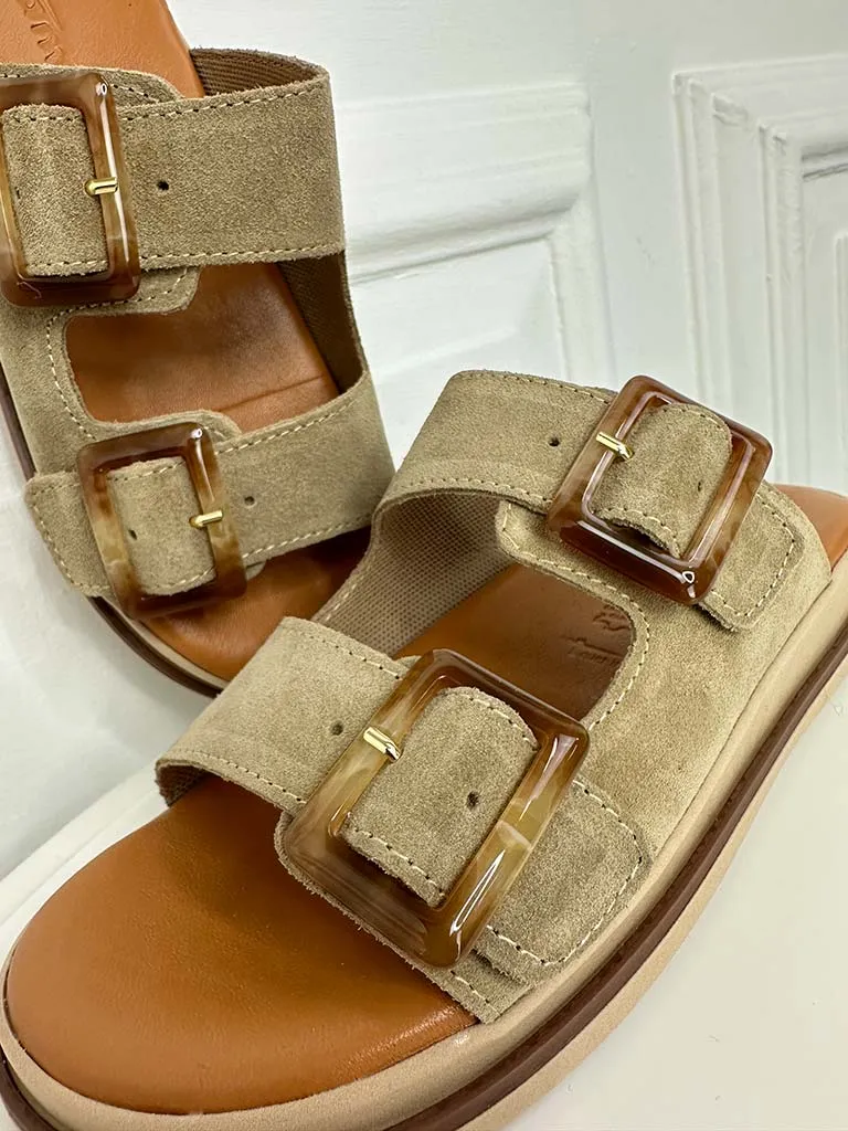 Tamaris Suede Double Buckle Sandals - Taupe