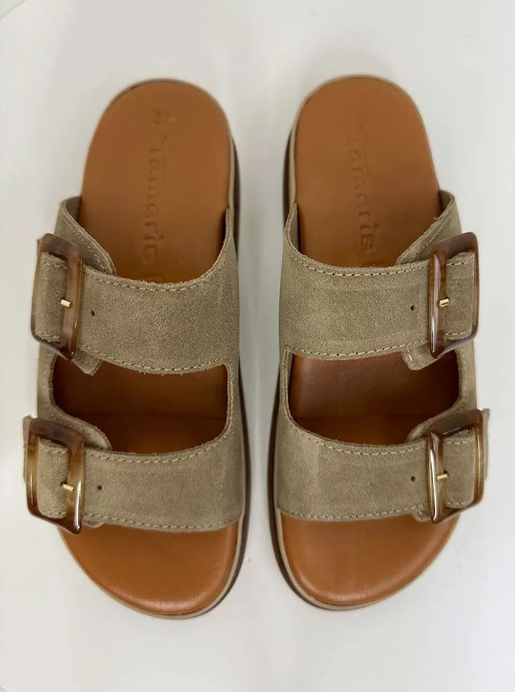 Tamaris Suede Double Buckle Sandals - Taupe