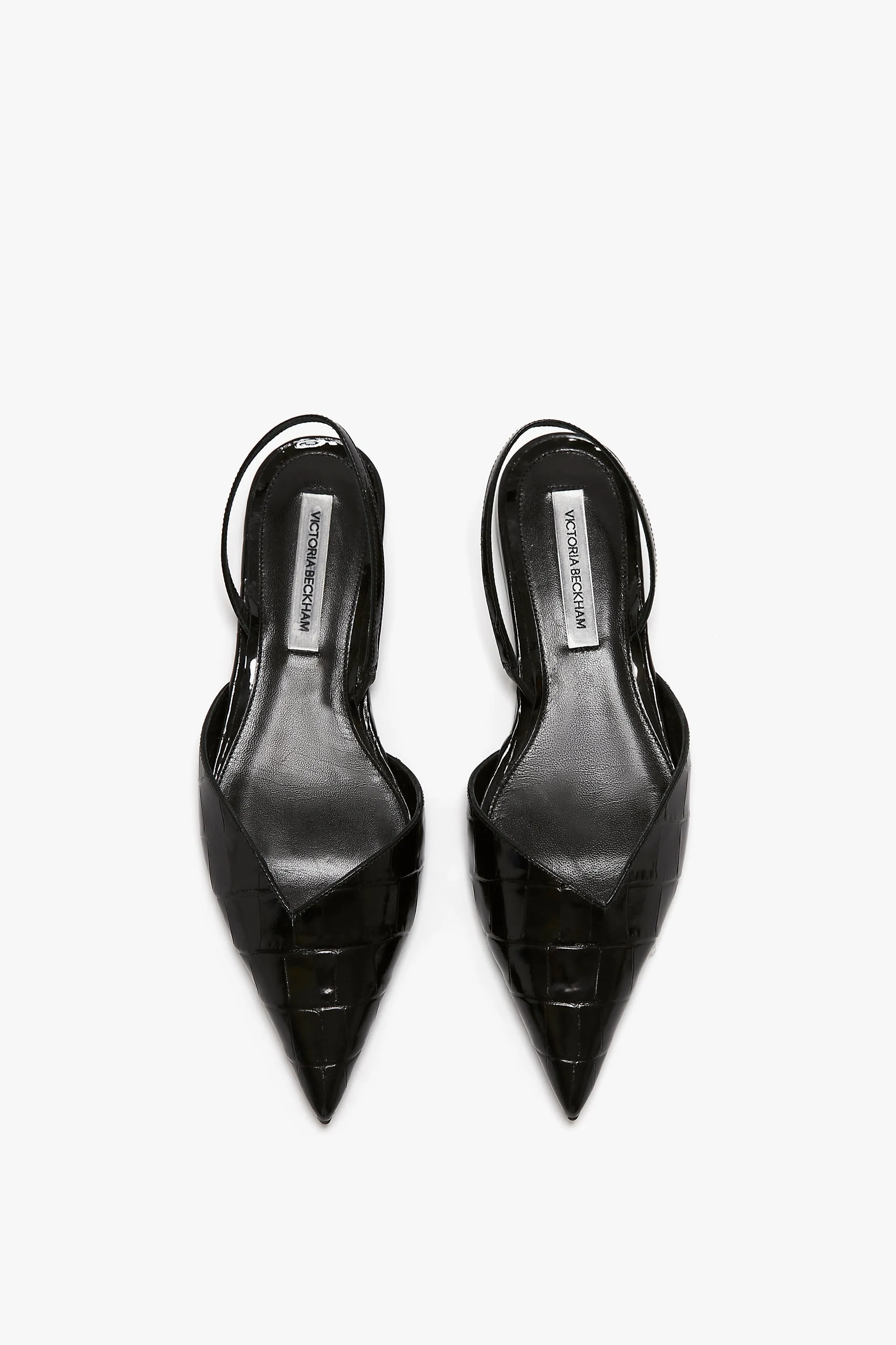 V Cut Sling Back In Black Croc-Effect Leather