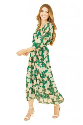 Yumi Green Blossom Wrap Midi Dress With 3/4 Sleeves